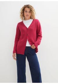 bonprix - Sweter rozpinany z dzianiny Milano w prążek, Essential. Kolor: różowy. Materiał: dzianina. Wzór: prążki