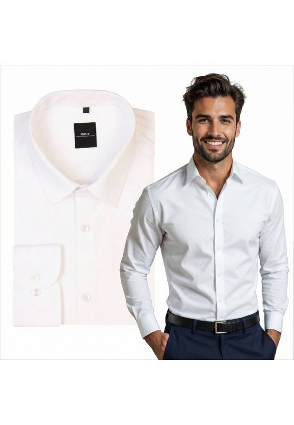 Mmer / Villaro - Koszule męskie - Biała koszula męska z długim rękawem Mmer 001. Typ kołnierza: kołnierzyk klasyczny. Kolor: biały. Materiał: tkanina, poliester, bawełna. Długość rękawa: długi rękaw. Długość: długie. Styl: klasyczny