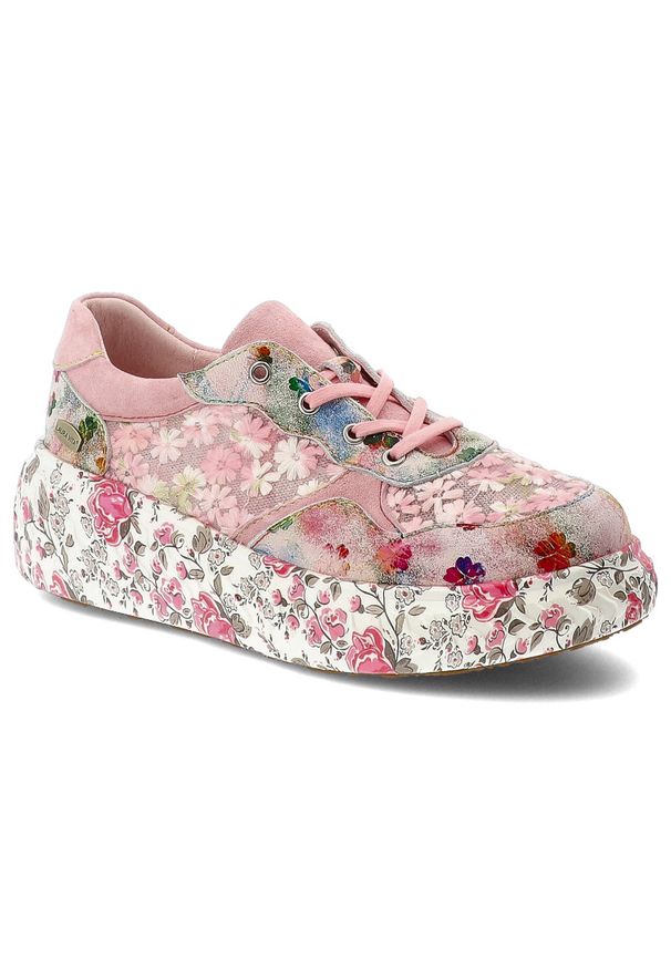 Sneakersy damskie Laura Vita, podwyższona podeszwa z ozdobnym wzorem na bokach oraz miękki kołnierz przy kostce, różowy, 64 SL26803B-64. Okazja: na co dzień. Kolor: różowy. Materiał: jeans, materiał. Szerokość cholewki: normalna. Wzór: aplikacja, kwiaty. Styl: casual