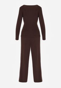 Born2be - Brązowy Bawełniany Komplet Kopertowa Bluzka z Długim Rękawem i Spodnie Ferenna. Kolor: brązowy. Materiał: bawełna #3