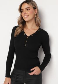 Born2be - Czarny Sweter z Prążkowanej Dzianiny Zapinany Leoleta. Kolor: czarny. Materiał: dzianina, prążkowany. Styl: elegancki #3