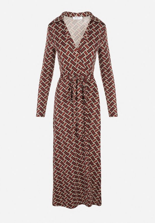 Born2be - Ciemnobrązowa Sukienka Kopertowa Thrasise. Kolor: brązowy. Materiał: materiał, dzianina. Wzór: geometria. Sezon: jesień, zima. Typ sukienki: kopertowe. Styl: klasyczny. Długość: maxi