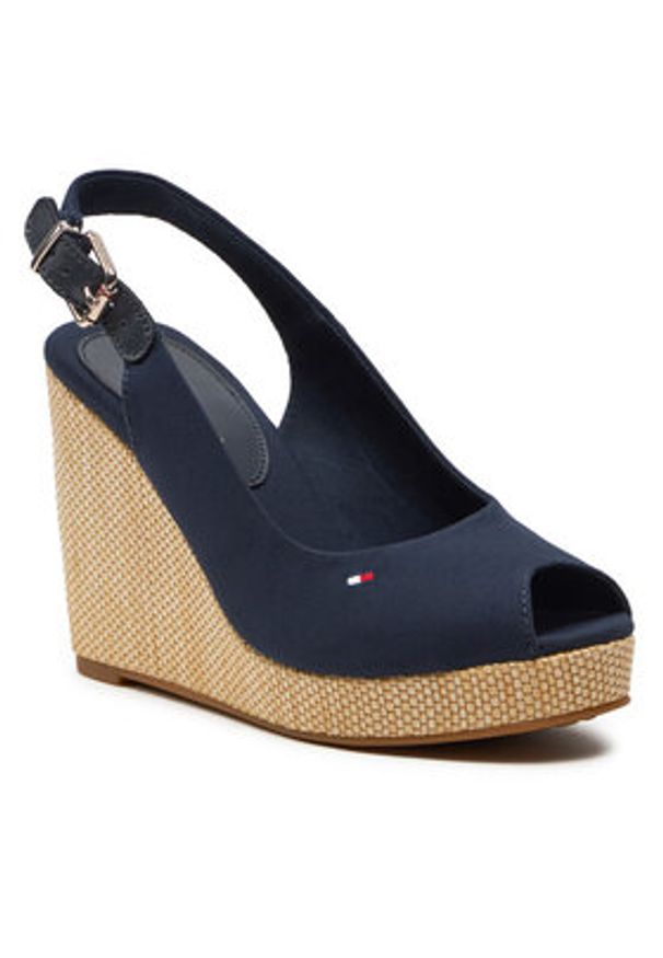 TOMMY HILFIGER - Tommy Hilfiger Sandały Iconic Elena Sling Back Wedge FW0FW04789 Granatowy. Kolor: niebieski. Materiał: materiał