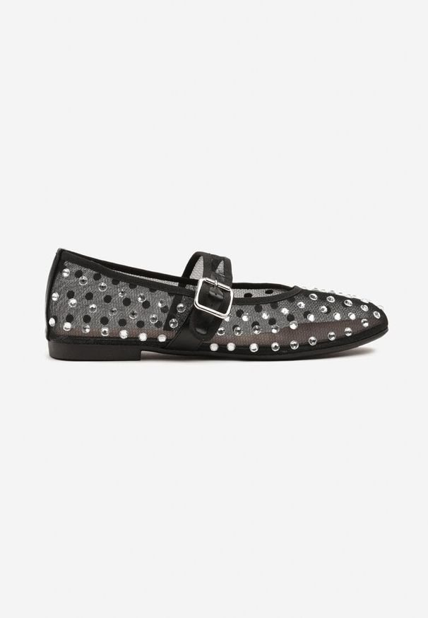 Renee - Czarne Balerinki Ozdobione Cyrkoniami i Przezroczystą Cholewką Ridirissa. Okazja: na co dzień. Zapięcie: sprzączka. Kolor: czarny. Materiał: jeans. Szerokość cholewki: normalna. Wzór: aplikacja. Styl: casual