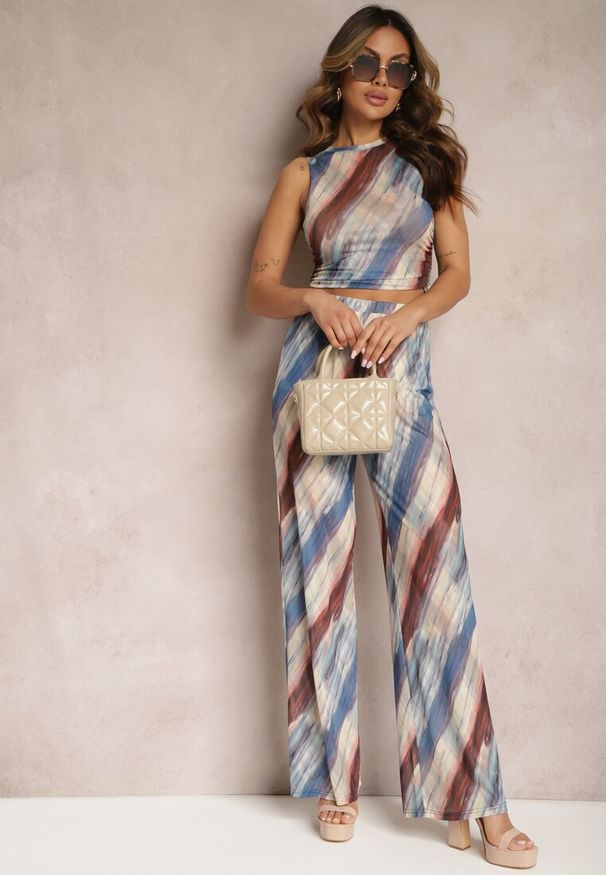 Renee - Granatowo-Beżowe Siateczkowe Spodnie Szerokie High Waist Mandiore. Okazja: na co dzień. Stan: podwyższony. Kolor: niebieski. Styl: casual, elegancki