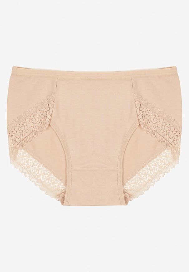 Renee - Beżowe Bawełniane Majtki Figi Zdobione Koronką Idilene. Kolekcja: plus size. Kolor: beżowy. Materiał: koronka, bawełna. Wzór: koronka, aplikacja