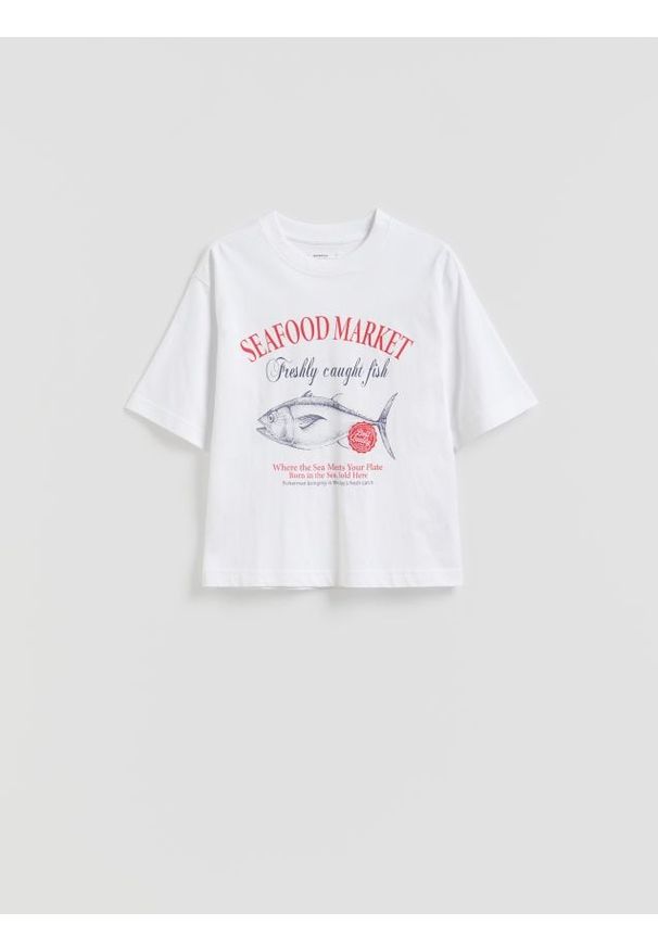 Reserved - Bawełniany t-shirt z nadrukiem - biały. Kolor: biały. Materiał: bawełna. Wzór: nadruk