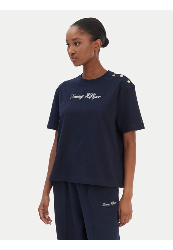 TOMMY HILFIGER - Tommy Hilfiger T-Shirt Script WW0WW47819 Granatowy Regular Fit. Kolor: niebieski. Materiał: bawełna