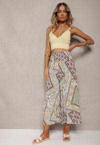 Renee - Miętowe Szerokie Spodnie Culottes z Mozaikowym Wzorem i Gumką w Pasie Mizina. Kolor: beżowy. Materiał: wiskoza. Sezon: lato. Styl: boho #1