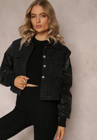 Renee - Czarna Kurtka Bomberka z Ozdobnymi Rękawami i Guzikami Elipmar. Okazja: na co dzień. Kolor: czarny. Materiał: tkanina, jeans. Wzór: aplikacja. Styl: klasyczny, casual