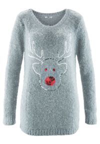 Sweter bożonarodzeniowy z motywem renifera z cekinami bonprix srebrnoszary. Kolor: srebrny. Materiał: materiał, poliester, akryl. Długość: długie #1