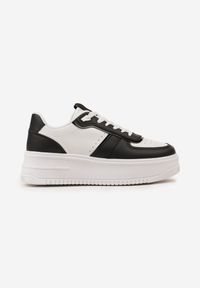 Renee - Biało-Czarne Sznurowane Sneakersy na Grubej Podeszwie Salsabil. Kolor: biały. Materiał: materiał. Wzór: aplikacja. Obcas: na platformie #2