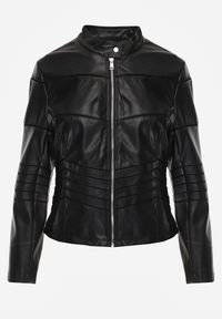 Renee - Czarna Kurtka Ramoneska z Geometrycznymi Przeszyciami Besilda. Okazja: na co dzień. Kolor: czarny. Materiał: jeans, poliester. Wzór: geometria. Styl: casual, klasyczny #8