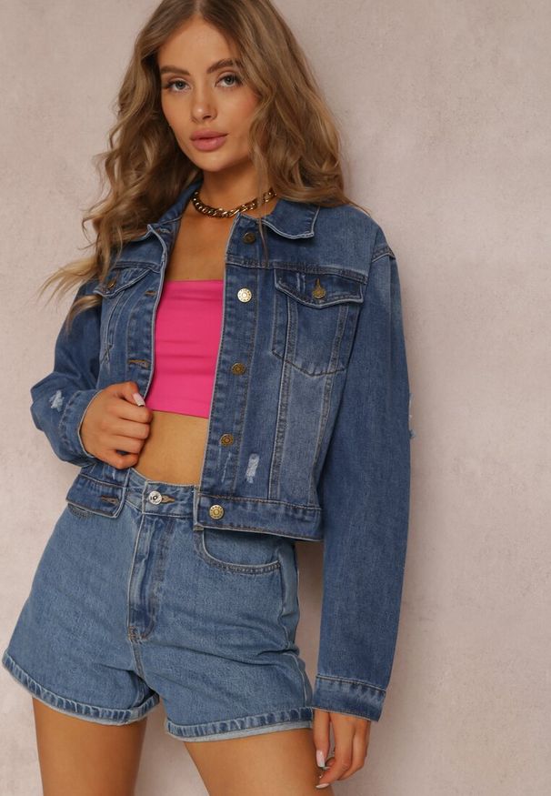 Renee - Niebieska Kurtka Jeansowa Basassa. Kolor: niebieski. Materiał: jeans. Długość rękawa: długi rękaw. Długość: długie. Wzór: aplikacja. Styl: klasyczny