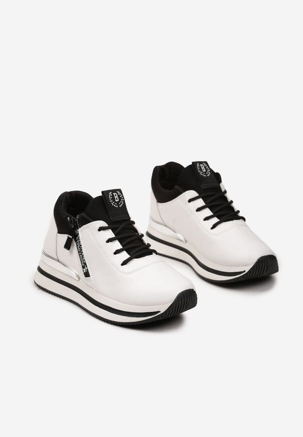 Born2be - Biało-Czarne Sneakersy z Ozdobnym Suwakiem na Grubej Podeszwie Leavona. Nosek buta: okrągły. Zapięcie: sznurówki. Kolor: biały. Materiał: materiał. Obcas: na obcasie. Wysokość obcasa: niski