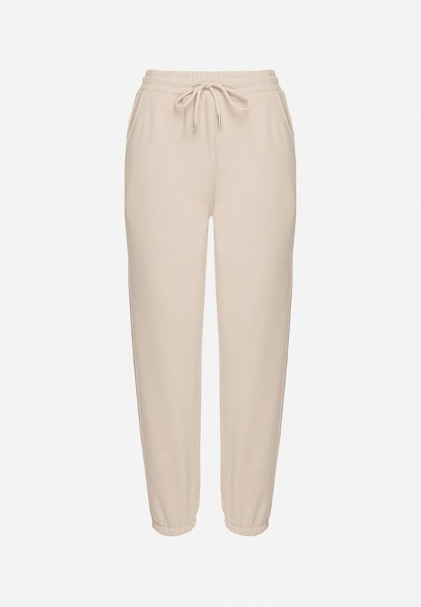 Born2be - Beżowe Bawełniane Spodnie Dresowe ze Sznurkiem i Polarową Podszewką Saliavera. Okazja: na co dzień. Kolor: beżowy. Materiał: bawełna, polar, dresówka. Styl: casual, klasyczny, sportowy