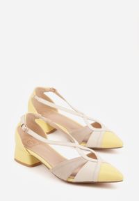 Born2be - Żółte Czółenka na Obacasie z Wycięciami i Metalicznymi Paskami Prosilis. Okazja: na co dzień. Zapięcie: pasek. Kolor: żółty. Materiał: koronka. Obcas: na obcasie. Styl: casual, elegancki. Wysokość obcasa: średni #3