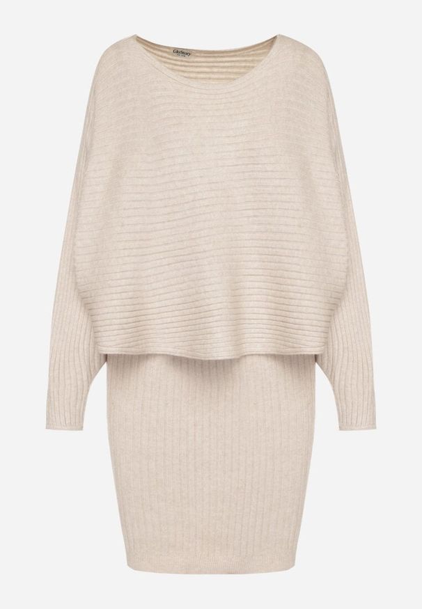 Born2be - Ciemnobeżowy Dzianinowy Komplet Prążkowany Sukienka i Sweter o Kroju Nietoperz Wederela. Kolor: beżowy. Materiał: prążkowany, dzianina