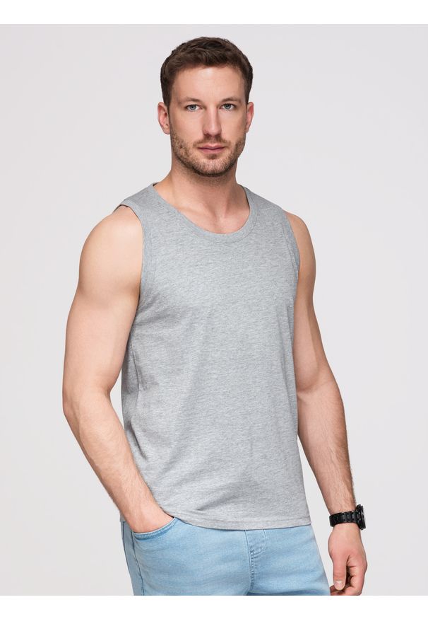 Ombre Clothing - Bawełniana męska koszulka tank top BASIC – szary melanż V2. Okazja: na co dzień. Kolor: szary. Materiał: bawełna. Długość rękawa: na ramiączkach. Wzór: melanż. Sezon: lato. Styl: wakacyjny, casual