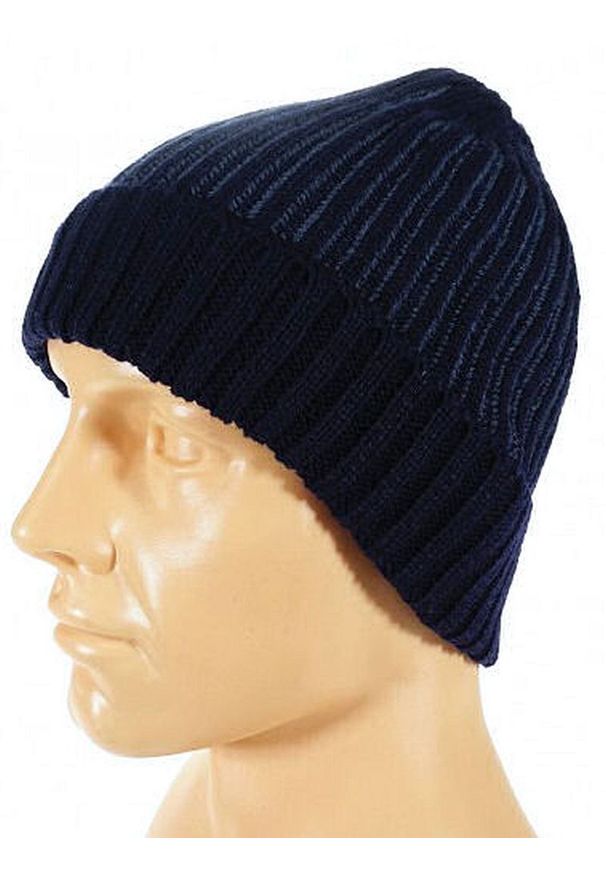 Pako Jeans - Granatowa Odwijana Męska Jesienno-Zimowa Czapka, Ciepła, Uniwersalny Rozmiar. Kolor: niebieski. Materiał: akryl. Wzór: ze splotem. Sezon: jesień, zima