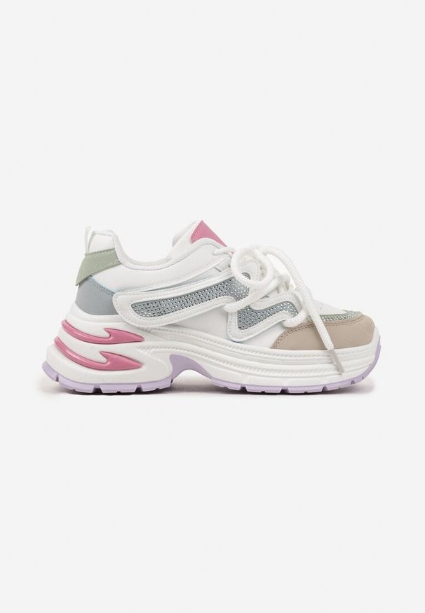 Renee - Biało-Różowe Sneakersy na Platformie z Grubymi Sznurówkami Kilanne. Okazja: na co dzień. Kolor: biały. Materiał: jeans, skóra. Obcas: na platformie