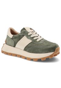 Sneakersy damskie Filippo, wykonane ze skóry naturalnej i skóry zamszowej masywna podeszwa z bieżnikiem sportowy design, khaki, DP7112/26 KH. Okazja: na co dzień. Kolor: zielony. Materiał: skóra, zamsz. Szerokość cholewki: normalna. Sport: turystyka piesza #1
