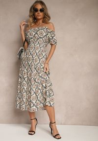 Renee - Beżowo-Niebieska Sukienka z Bawełną Ozdobiona Bufiastymi Rękawami Revalle. Okazja: na co dzień, na imprezę, do pracy. Kolor: beżowy. Materiał: bawełna. Wzór: aplikacja. Typ sukienki: proste. Styl: klasyczny, elegancki, casual #4