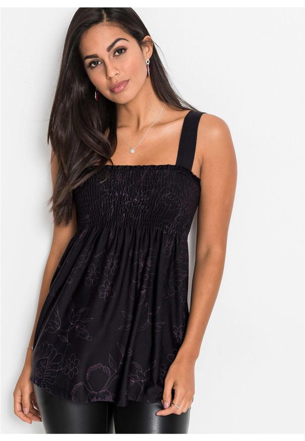 bonprix - Top tunikowy z mieszanki wiskozy. Kolor: czarny. Materiał: wiskoza. Długość rękawa: na ramiączkach. Sezon: lato