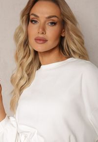 Renee - Biały Bawełniany Komplet Bluza Krótka ze Ściągaczem i Szerokie Spodnie ze Sznurkiem w Pasie Rionnea. Kolor: biały. Materiał: bawełna #4