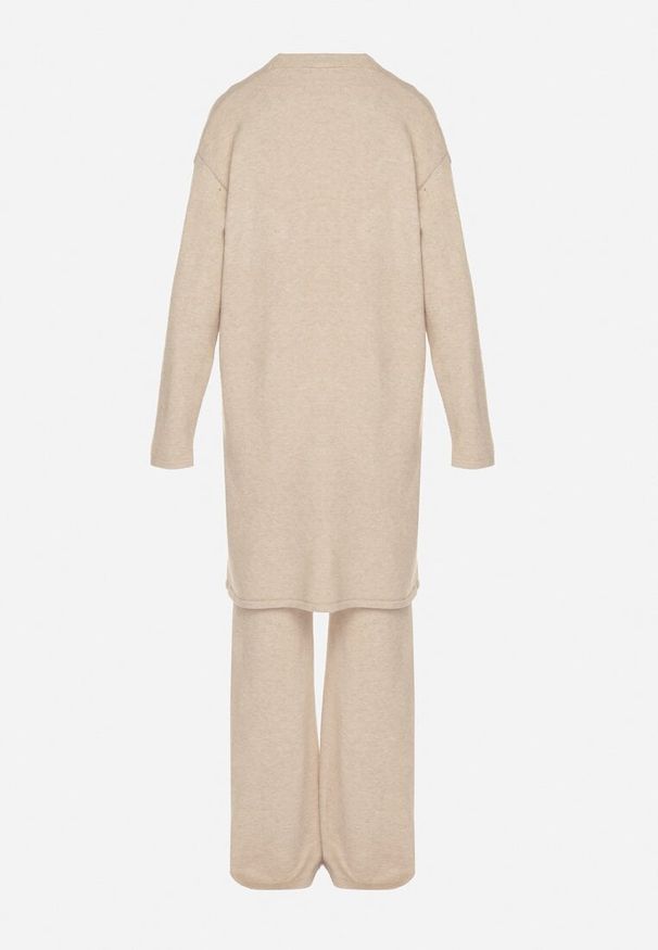 Born2be - Jasnobeżowy Dzianinowy Komplet z Wełną Kamizelka Długi Kardigan i Spodnie Otizela. Kolekcja: plus size. Kolor: beżowy. Materiał: dzianina, wełna