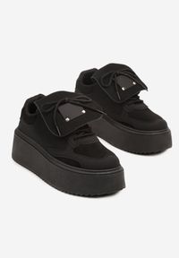 Born2be - Czarne Sneakersy na Grubej Podeszwie z Wywiniętym Językiem i Kokardą Ellisare. Okazja: na co dzień. Kolor: czarny. Materiał: jeans #4