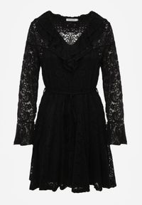 Born2be - Czarna Koronkowa Sukienka z Cienkim Paskiem i Rozkloszowanymi Rękawami Jovaila. Okazja: na co dzień. Typ kołnierza: kołnierz z falbankami. Kolor: czarny. Materiał: koronka. Długość rękawa: na ramiączkach. Wzór: koronka. Typ sukienki: rozkloszowane. Styl: klasyczny, casual #6