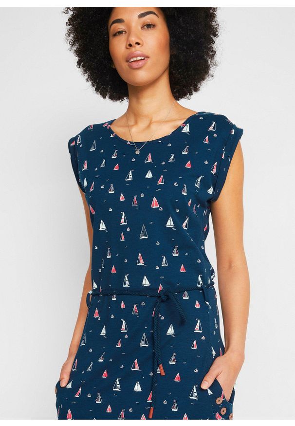 bonprix - Sukienka shirtowa z rękawami motylkowymi i nadrukiem. Kolor: niebieski. Materiał: jersey. Wzór: nadruk