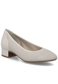 Skórzane czółenka damskie ażurowe beżowe Rieker 43459-60. Kolor: beżowy. Materiał: skóra. Wzór: ażurowy #1