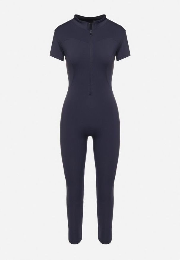 Born2be - Granatowy Kombinezon z Półgolfem z Ozdobnymi Przeszyciami Lumienne. Okazja: na co dzień. Kolor: niebieski. Styl: casual