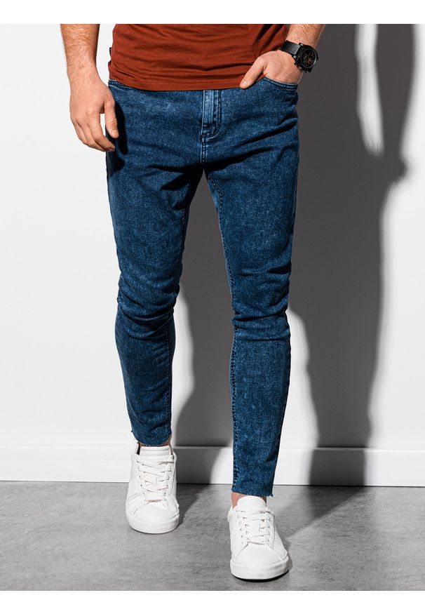 Ombre Clothing - Męskie spodnie jeansowe marmurkowe z surowo wykończoną nogawką SLIM FIT - ciemnoniebieskie V4 OM-PADP-0146 - XL. Kolor: niebieski. Materiał: jeans