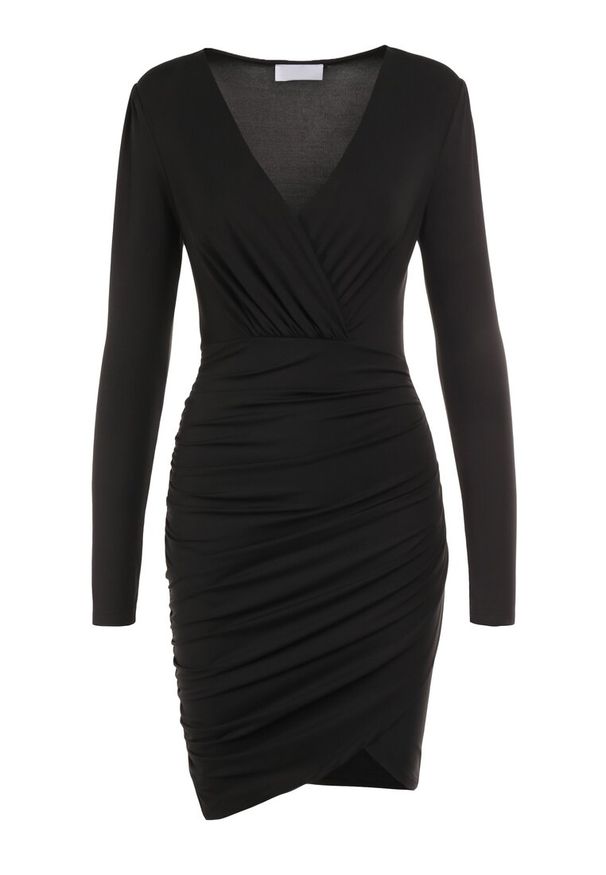 Born2be - Czarna Sukienka Euphusa. Kolor: czarny. Materiał: dzianina. Długość rękawa: długi rękaw. Wzór: aplikacja, gładki. Typ sukienki: kopertowe. Długość: mini