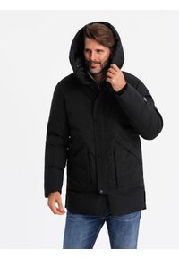 Ombre Clothing - Długa sezonowa męska kurtka w stylu outdoorowym – czarna V1. Typ kołnierza: kaptur. Kolor: czarny. Materiał: guma, tkanina, poliester, materiał, syntetyk. Długość: długie. Wzór: aplikacja #3