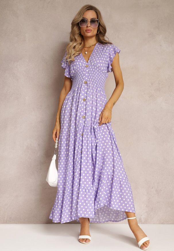 Renee - Fioletowa Rozkloszowana Sukienka Maxi w Kropki z Gumką w Talii Janey. Okazja: na co dzień, na imprezę. Kolor: fioletowy. Wzór: kropki. Styl: casual. Długość: maxi