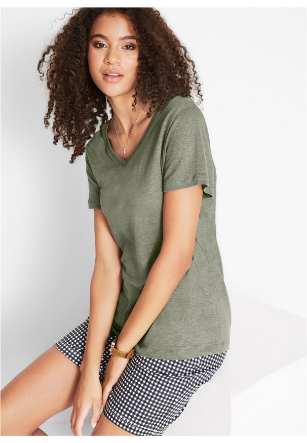 bonprix - T-shirt z czystego lnu. Typ kołnierza: dekolt w serek. Kolor: zielony. Materiał: len. Sezon: lato. Styl: elegancki