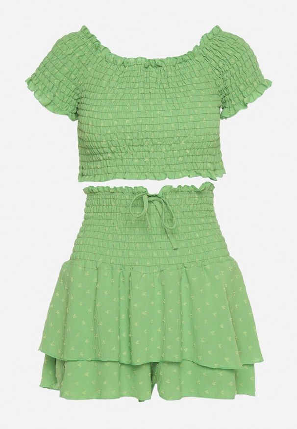 Born2be - Zielony Komplet Top w Stylu Hiszpanki i Spódnico-Szorty z Gumką Quillatta. Kolor: zielony. Wzór: aplikacja
