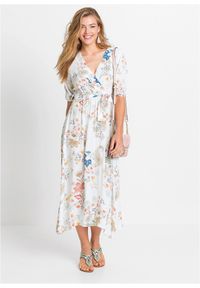 bonprix - Sukienka midi z lejącej wiskozy. Kolor: biały. Materiał: wiskoza. Długość rękawa: krótki rękaw. Wzór: kwiaty. Długość: midi #1
