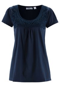 Shirt bawełniany z koronką i krótkim rękawem bonprix ciemnoniebieski. Kolor: niebieski. Materiał: bawełna, koronka. Długość rękawa: krótki rękaw. Długość: krótkie. Wzór: koronka #1