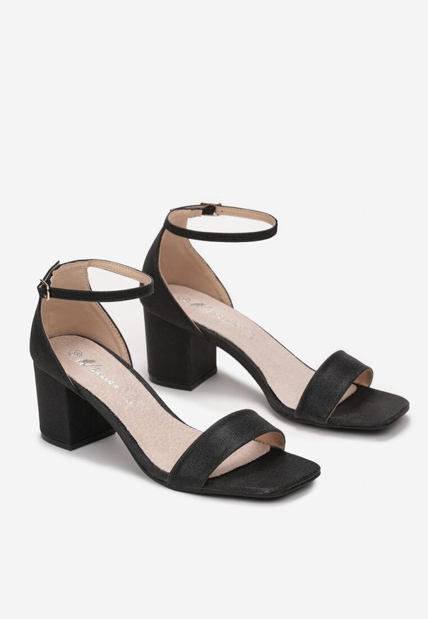 Renee - Czarne Sandały z Brokatem na Słupku i Wkładką ze Skóry Naturalnej Penerine. Kolor: czarny. Materiał: skóra. Obcas: na słupku. Styl: glamour