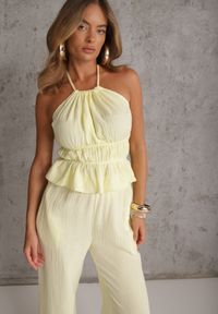 Renee - Żółty Letni Komplet z Bawełny Spodnie Wide Leg i Bluzka Halter z Wiązaniem Apomeda. Kolor: żółty. Materiał: bawełna #4