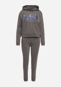Born2be - Ciemnoszary Ocieplany Komplet Dresowy z Bawełny Joggery i Bluza z Kapturem i Nadrukiem Filola. Kolor: szary. Materiał: dresówka, bawełna. Wzór: nadruk #5