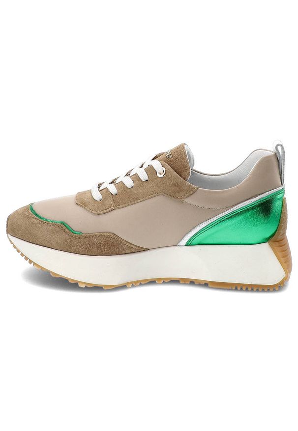 Beżowe Sneakersy Carinii Modne Buty Damskie. Kolor: beżowy. Materiał: skóra, zamsz. Szerokość cholewki: normalna. Obcas: na obcasie. Styl: sportowy. Wysokość obcasa: średni