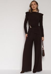 Born2be - Brązowy Elegancki Komplet Szerokie Spodnie i Bluzka z Usztywnianymi Ramionami Sewesta. Kolor: brązowy #3