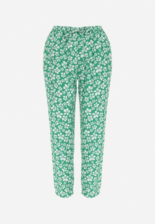 Born2be - Zielone Kwieciste Spodnie z Gumką w Pasie z Wiskozy Fredise. Kolor: zielony. Materiał: wiskoza. Długość: długie