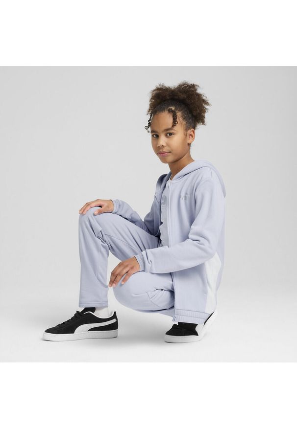 Puma - Młodzieżowy dres z kapturem i metalicznym wykończeniem PUMA Cool Weather Blue. Okazja: na uczelnię. Kolor: niebieski. Materiał: dresówka. Styl: młodzieżowy